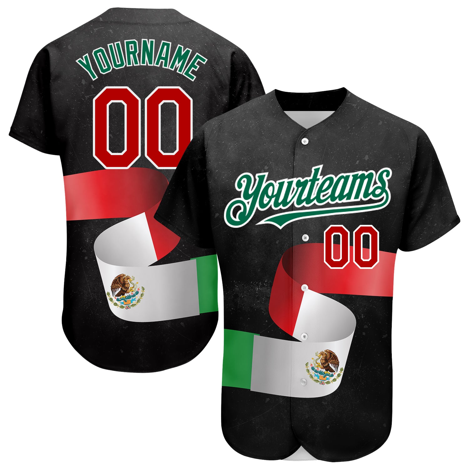 Personalized 3D Mexican Flag Baseball Jersey in Black Red Kelly Green Personalized Black Red Kelly Green 3D Mexican Flag