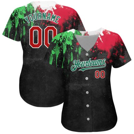 Custom Mexican Flag Baseball Jersey with 3D Grunge Design, Personalized Name & Number, Black Red Kelly Green Colors Personalized