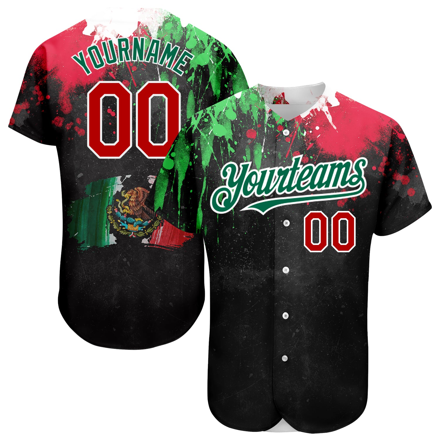 Personalized Grunge Mexican Flag Baseball Jersey in Black, Red, Kelly Green, and Watercolored Splashes Personalized Black