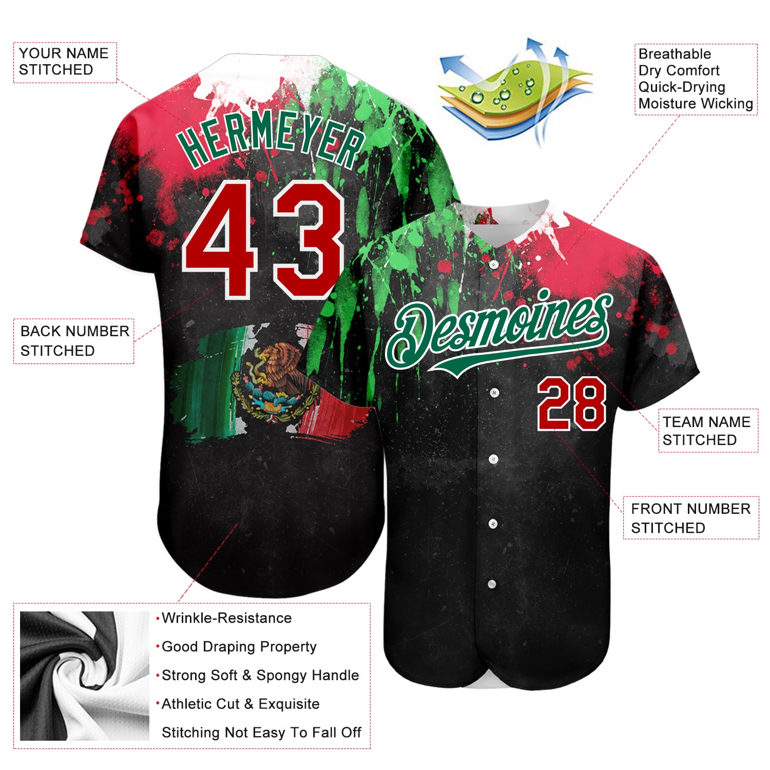 Personalized Grunge Mexican Flag Baseball Jersey in Black, Red, Kelly Green, and Watercolored Splashes Personalized Black - Image 3