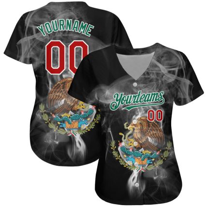 Personalized 3D Mexico Baseball Jersey - Black Red Kelly Green Design Personalized Black Red Kelly Green 3D Mexico Baseball
