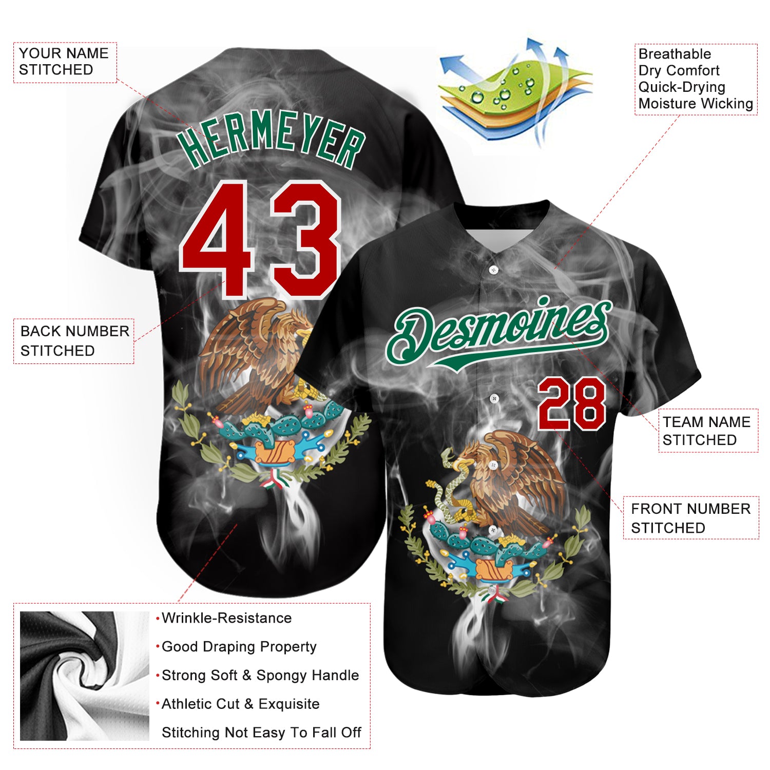 Personalized 3D Mexico Baseball Jersey - Black Red Kelly Green Design Personalized Black Red Kelly Green 3D Mexico Baseball - Image 3
