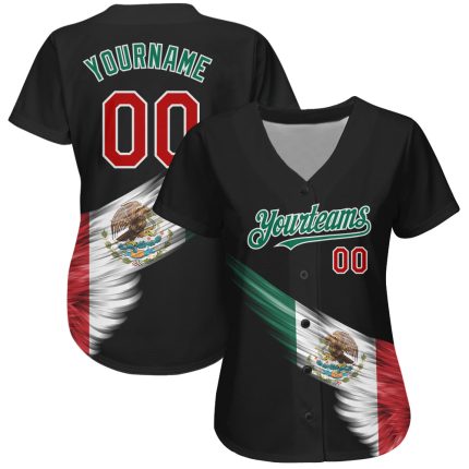 Personalized Mexican Flag 3D Abstract Baseball Jersey in Black Red Kelly Green Personalized Black Red-Kelly Green 3D The