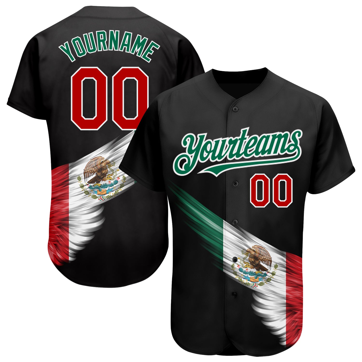 Personalized 3D Abstract Wing Baseball Jersey with Mexican Flag - Custom Name & Number in Black, Red, Kelly Green Personalized