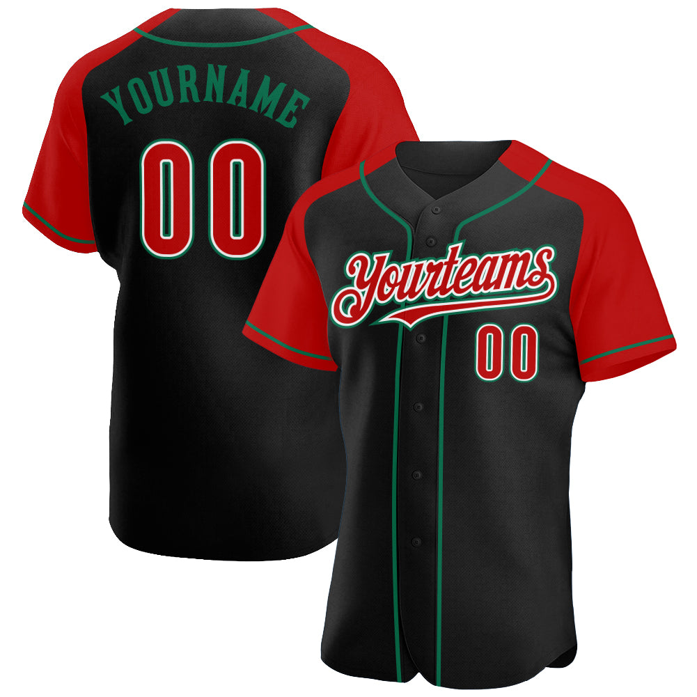 Custom Name Number Authentic Baseball Jersey Personalized Black Red and Kelly Green Raglan Sleeves Personalized Black Red-Kelly