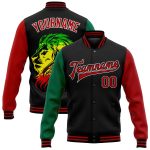 Personalized Black Red Green 3D Lion Bomber Varsity Letterman Jacket for Black History Month Personalized Black Red-Kelly