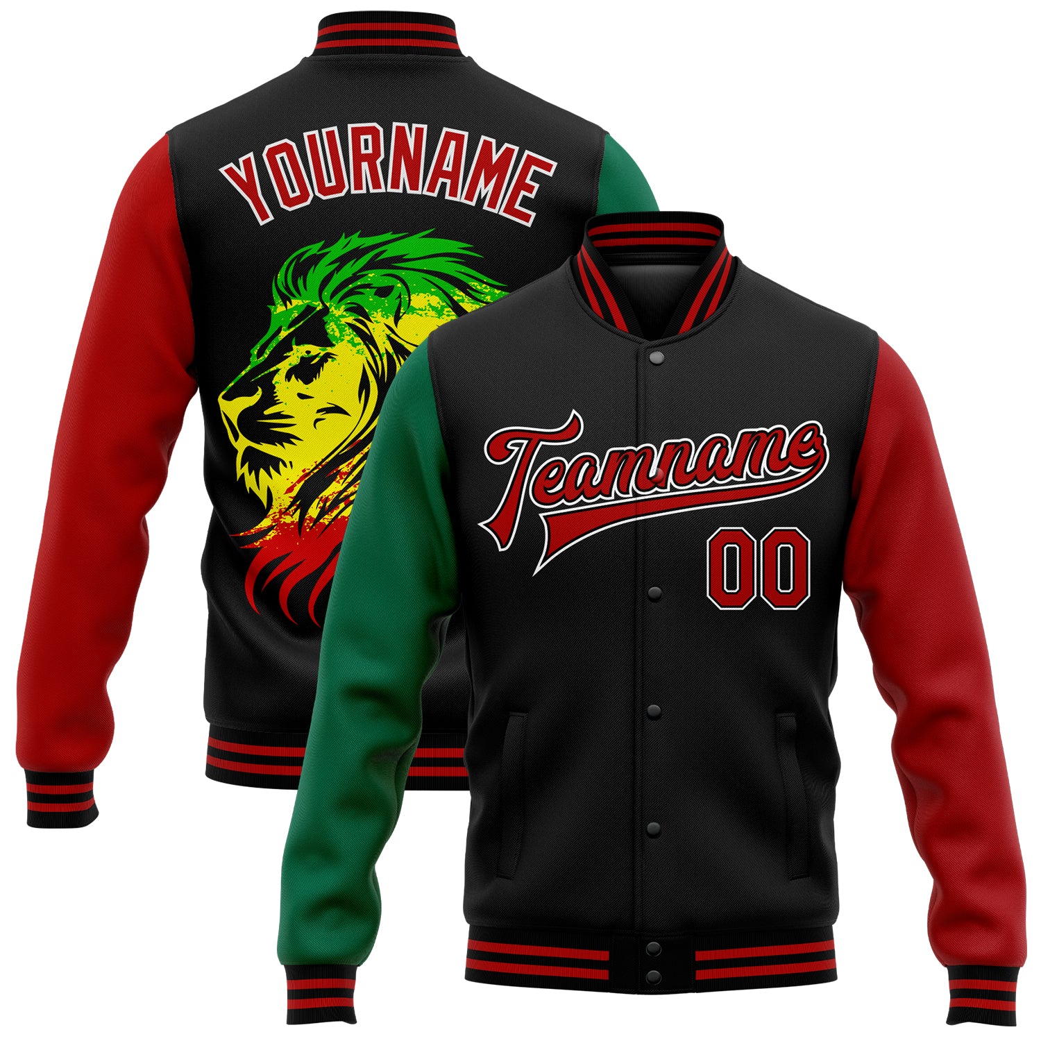 Personalized Black Red Green 3D Lion Bomber Varsity Letterman Jacket for Black History Month Personalized Black Red-Kelly