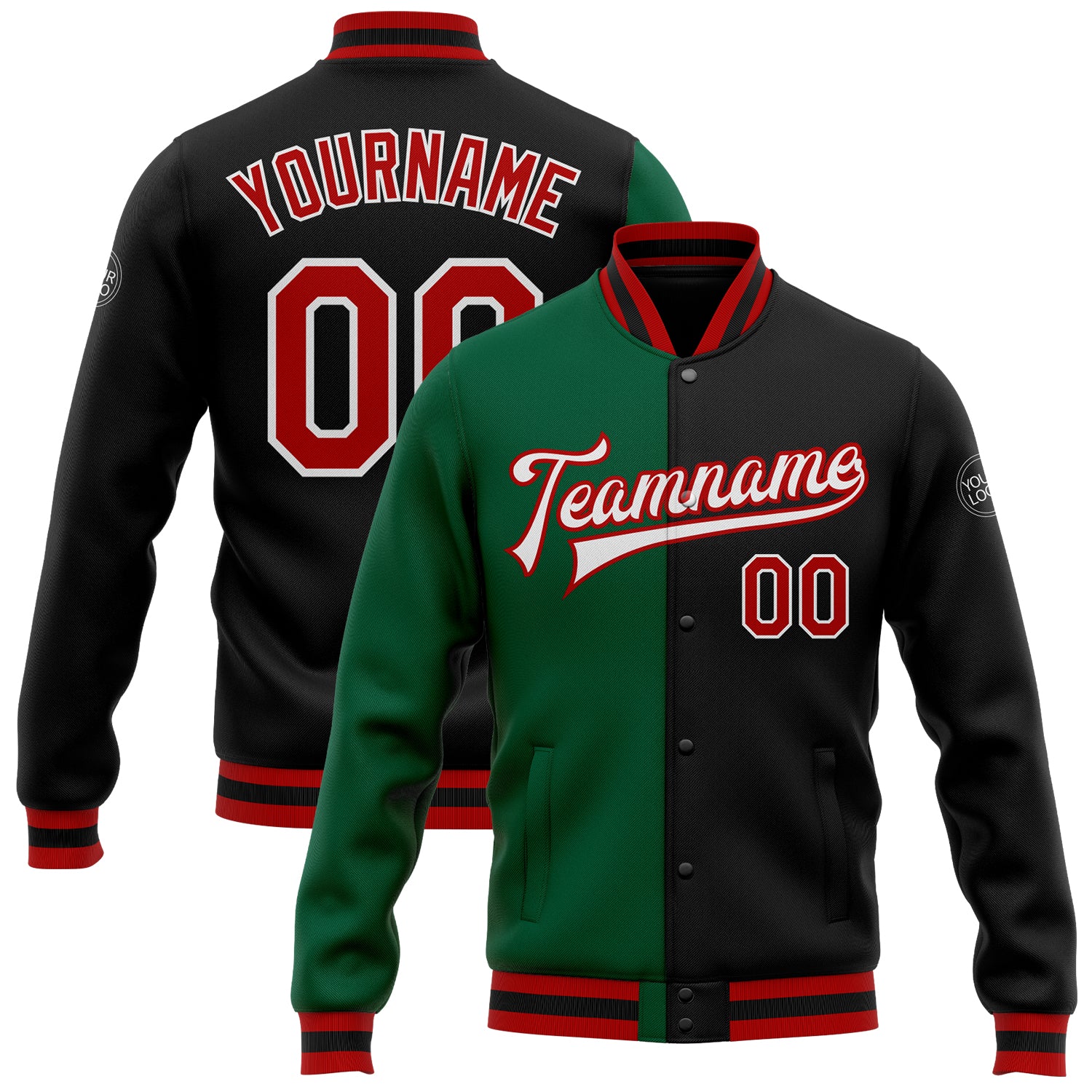 Custom Name & Number Black Red Kelly Green Varsity Letterman Bomber Full-Snap Fashion Jacket Personalized Black Red-Kelly
