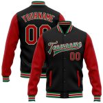 Personalized Two Tone Black Red Kelly Green Varsity Letterman Bomber Jacket Full Snap Personalized Black Red-Kelly Green