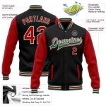 Personalized Two Tone Black Red Kelly Green Varsity Letterman Bomber Jacket Full Snap Personalized Black Red-Kelly Green