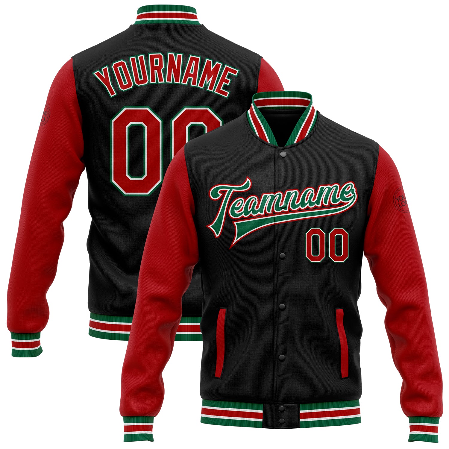 Custom Two-Tone Bomber Varsity Jacket with Personalized Name and Number - Black Red Kelly Green Full-Snap Letterman Style