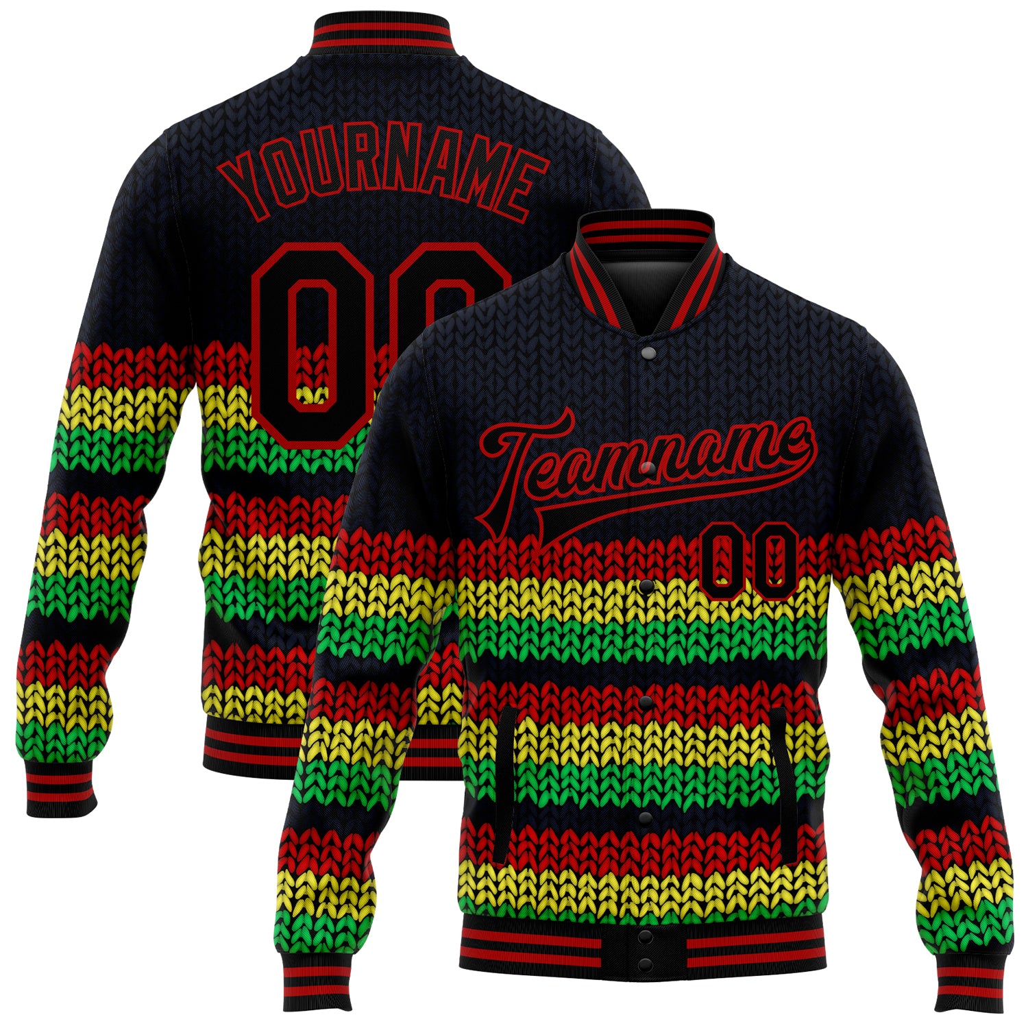 Custom Name Number 3D Pattern Bomber Jacket Black Red Kelly Green Gold Black History Month Full-Snap Varsity Letterman Personalized