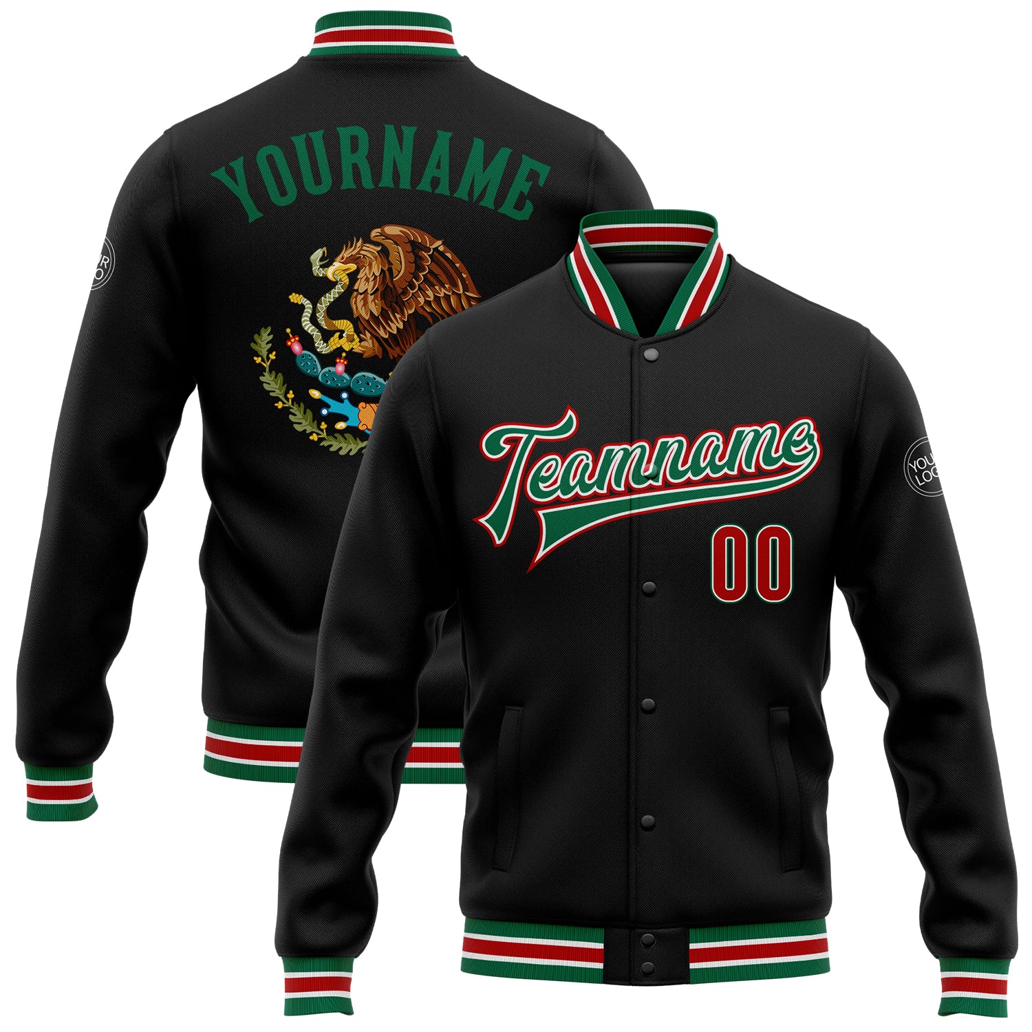 Custom Name Number 3D Bomber Varsity Jacket Black Red Kelly Green Mexico Full-Snap Letterman Jacket Personalized Black Red-Kelly