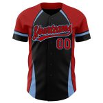 Personalized 3D Curve Baseball Jersey in Black Red Light Blue, Custom Team Apparel Personalized Black Red-Light Blue 3D Curve