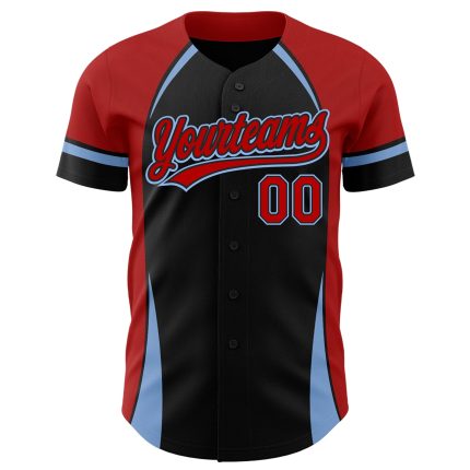 Personalized 3D Curve Baseball Jersey in Black Red Light Blue Personalized Black Red-Light Blue 3D Curve Solid Baseball Jersey