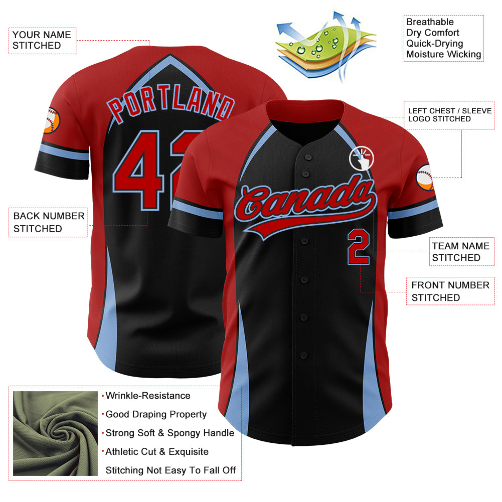 Personalized 3D Curve Baseball Jersey in Black Red Light Blue Personalized Black Red-Light Blue 3D Curve Solid Baseball Jersey - Image 3