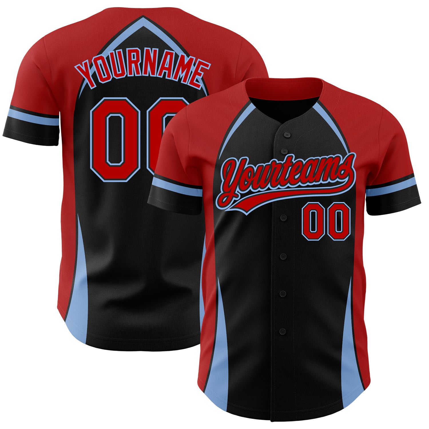 Personalized 3D Pattern Baseball Jersey in Black Red Light Blue, Curve Solid Design Personalized Black Red-Light Blue 3D