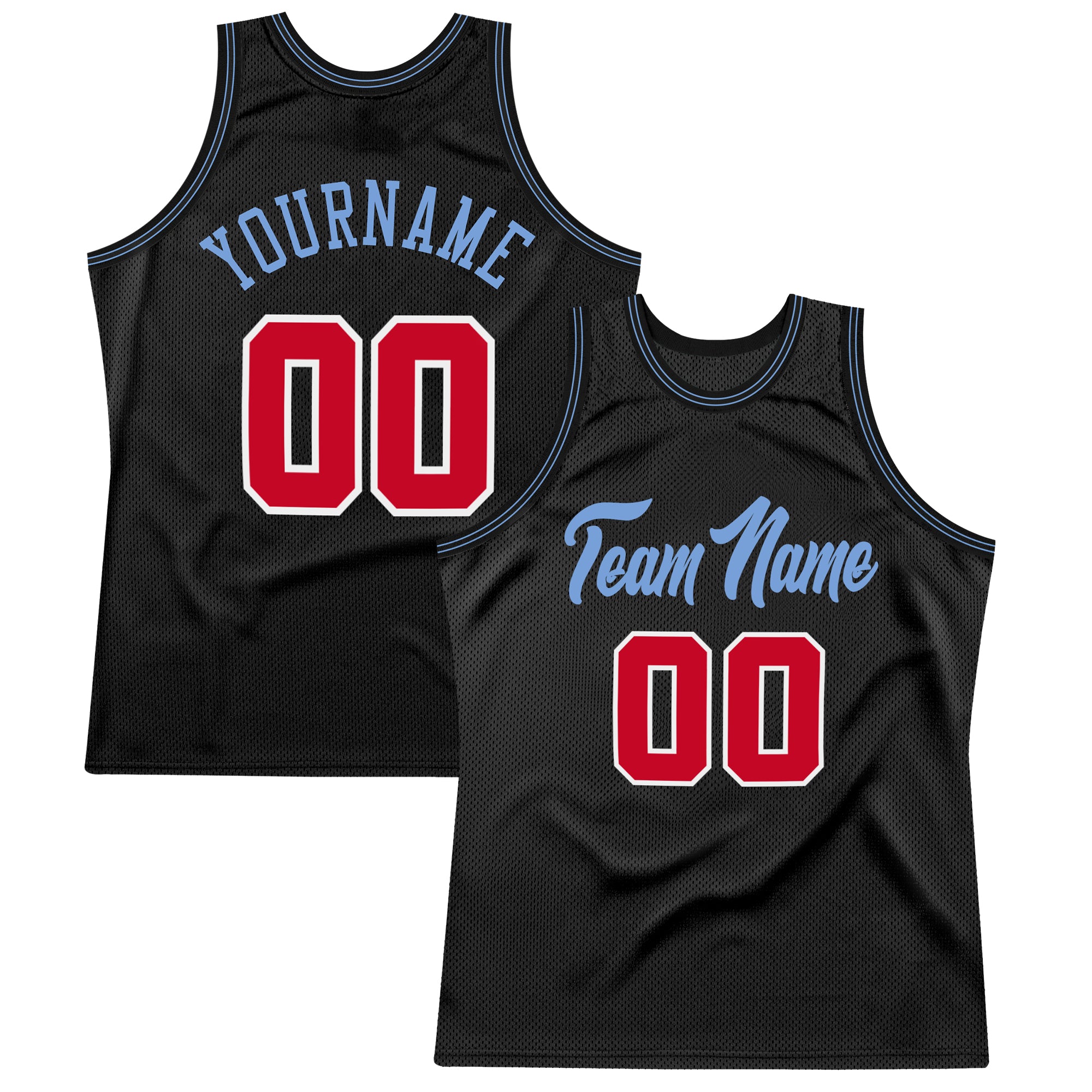 Customizable Authentic Throwback Basketball Jersey - Personalized Black and Red with Light Blue Team Name and Number Personalized