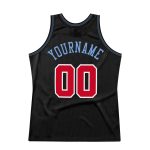 Customizable Authentic Throwback Basketball Jersey - Personalized Black and Red with Light Blue Team Name and Number Personalized