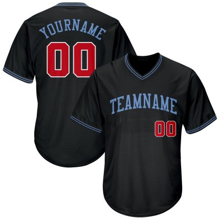 Custom Name & Number Baseball Jersey Shirt - Personalized Black Red-Light Blue Authentic Throwback Rib-Knit Style Personalized