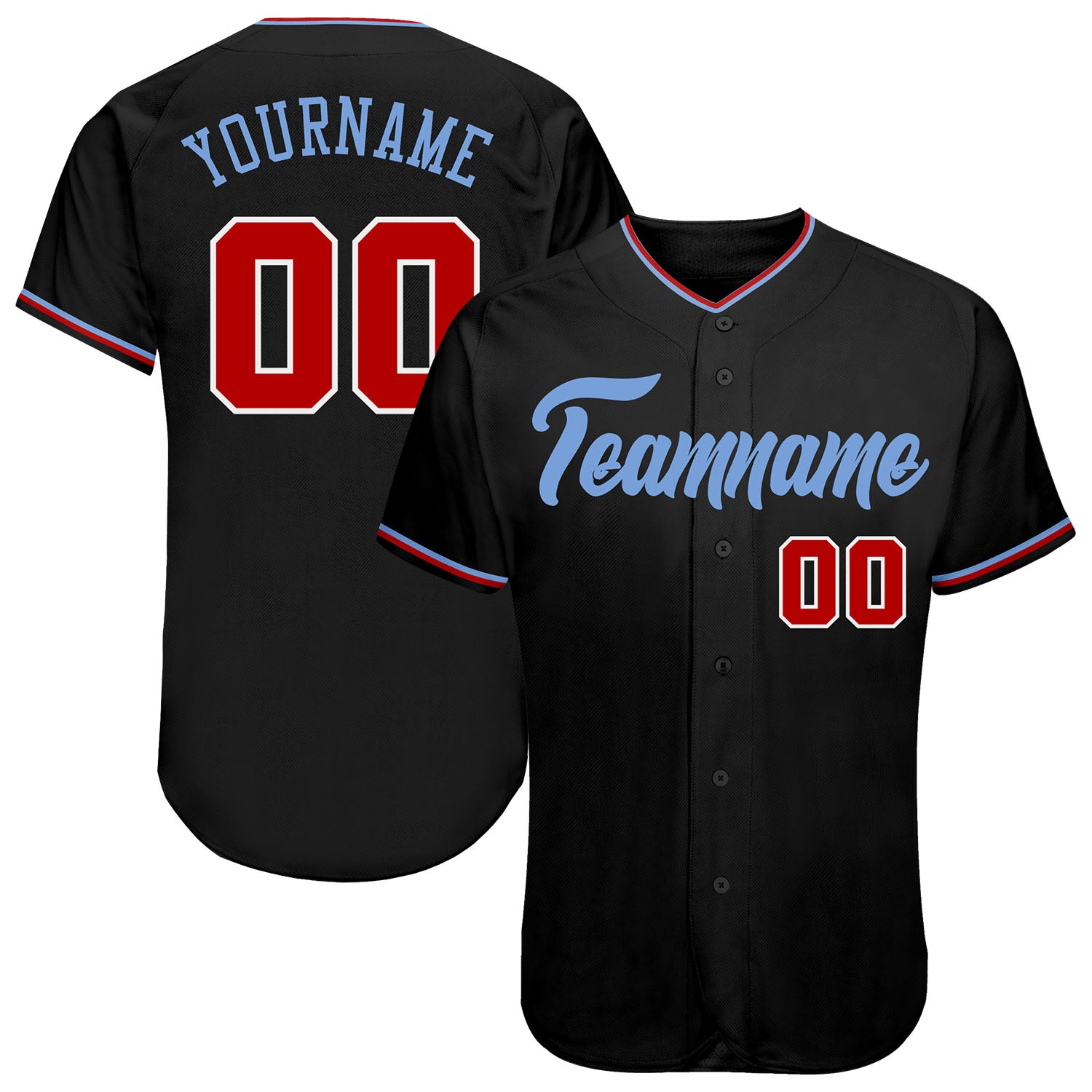 Personalized Black Red-Light Blue Baseball Jersey Custom Name Number Personalized Black Red-Light Blue Baseball Jersey