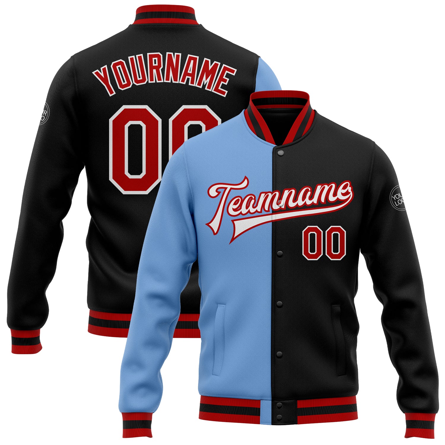 Custom Name and Number Personalized Black Red-Light Blue Bomber Varsity Jacket Full-Snap Fashion Team Split Personalized