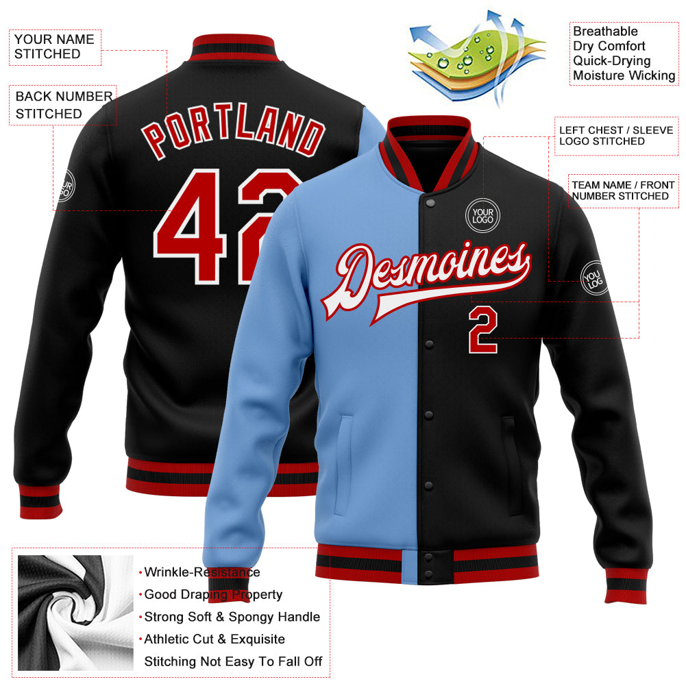 Personalized Black Red-Light Blue Bomber Full-Snap Varsity Letterman Split Fashion Jacket Team Custom Name and Number Custom Name and Number Personalized Black Red-Light Blue Bomber Varsity Jacket Full-Snap Fashion Team Split Personalized - Image 3