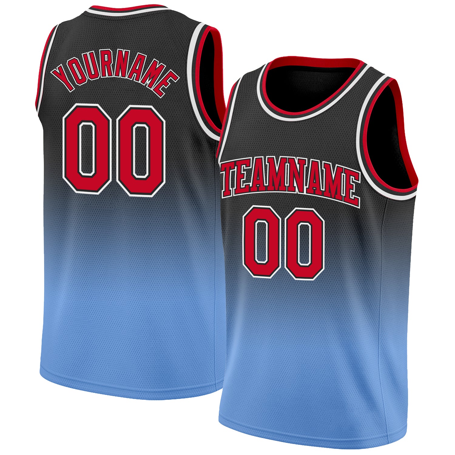 Personalized Fashion Basketball Jersey - Black Red-Light Blue Fade Design Personalized Black Red-Light Blue Fade Fashion