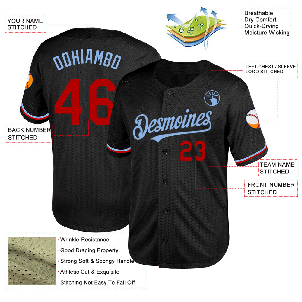 Personalized Black Red-Light Blue Mesh Authentic Throwback Baseball Jersey Team Custom Name and Number Custom Personalized Throwback Baseball Jersey - Black Red-Light Blue Mesh, Team Name and Number Personalized Black Red-Light - Image 3