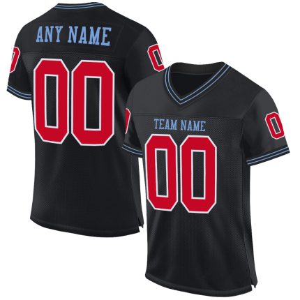Personalized Black and Red Light Blue Football Jersey, Throwback Style Personalized Black Red-Light Blue Mesh Throwback Football