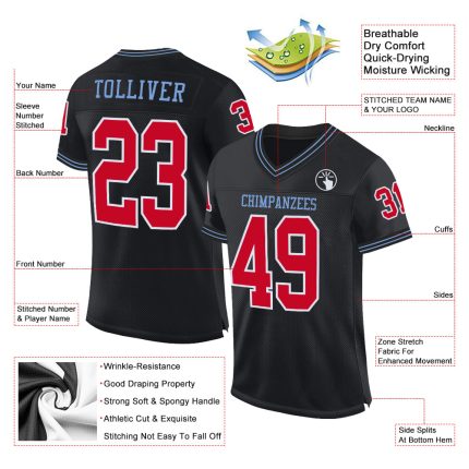 Personalized Black and Red Light Blue Football Jersey, Throwback Style Personalized Black Red-Light Blue Mesh Throwback Football