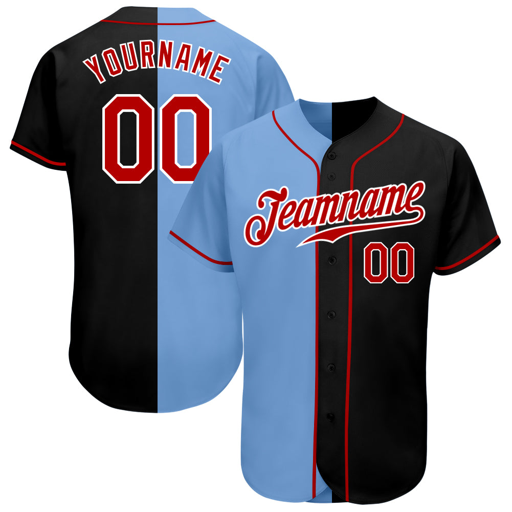 Personalized Black and Red Light Blue Split Baseball Jersey for Fashion Wear Personalized Black Red-Light Blue Split Fashion