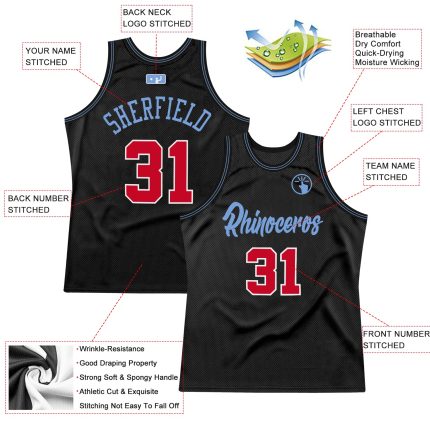 Personalized Black and Red Throwback Basketball Jersey in Light Blue Design Personalized Black Red-Light Blue Throwback Basketball