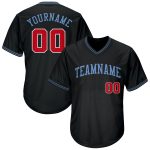 Personalized Black Red-Light Blue Baseball Jersey Shirt - Throwback Rib-Knit Design Personalized Black Red-Light Blue Throwback