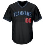 Personalized Black Red-Light Blue Baseball Jersey Shirt - Throwback Rib-Knit Design Personalized Black Red-Light Blue Throwback