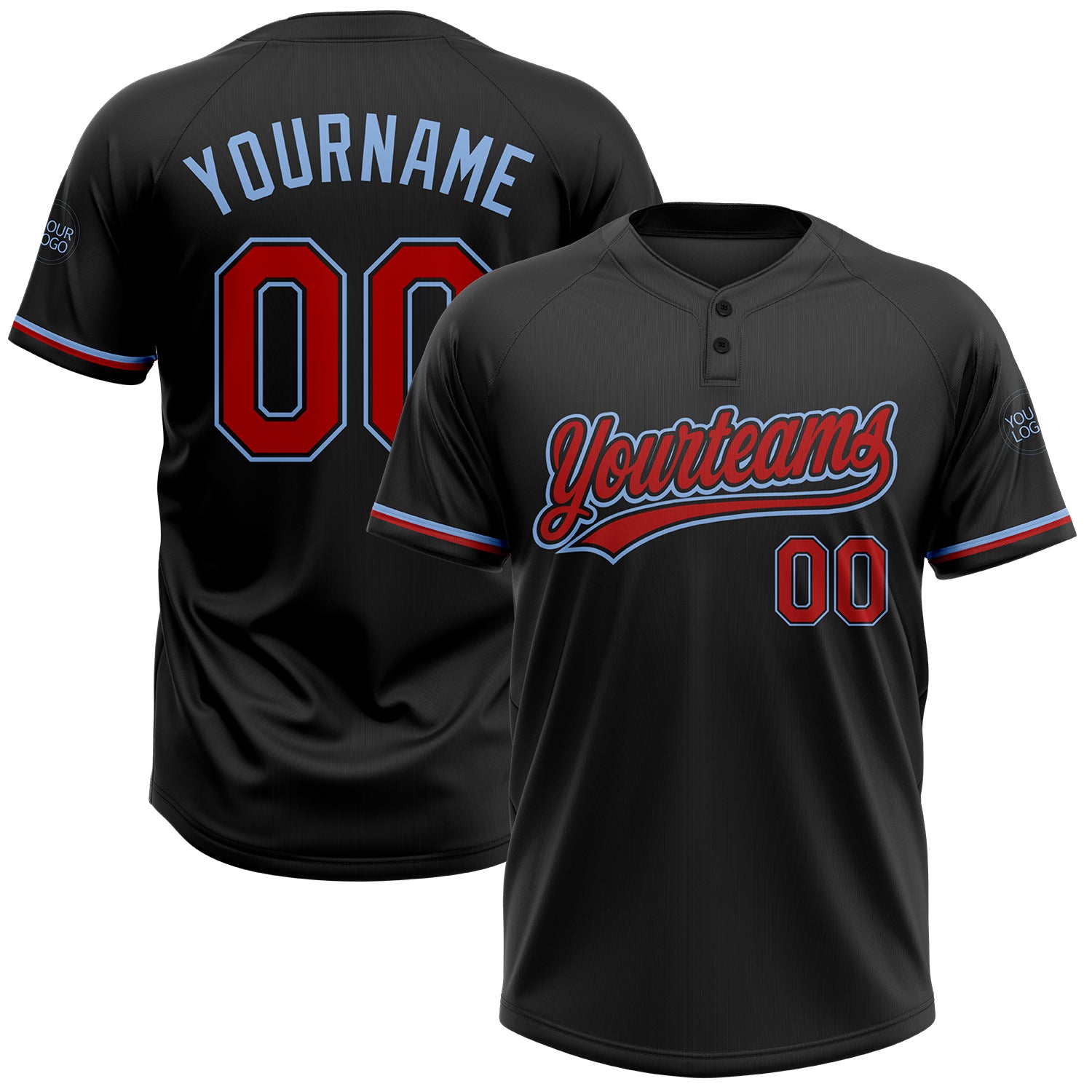 Custom Two-Button Unisex Softball Jersey with Personalized Name & Number - Black Red Light Blue Personalized Black Red-Light