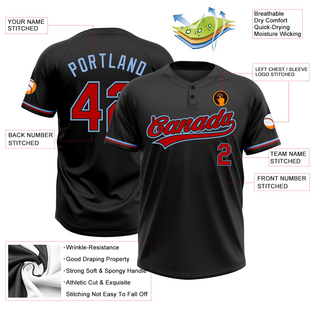 Personalized Black Red-Light Blue Two-Button Unisex Softball Jersey Team Custom Name and Number Custom Two-Button Unisex Softball Jersey with Personalized Name & Number - Black Red Light Blue Personalized Black Red-Light - Image 3