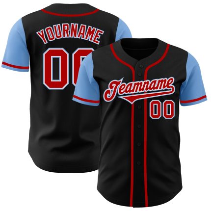 Personalized Black and Red Two Tone Baseball Jersey with Blue Accents Personalized Black Red-Light Blue Two Tone Baseball