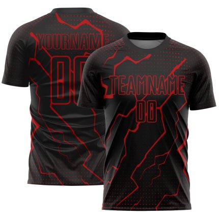 Personalized Lightning Soccer Jersey - Black Red Sublimation Uniform Personalized Black Red Lightning Sublimation Soccer