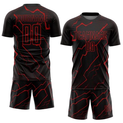 Custom Black Red Lightning Soccer Jersey with Personalized Name & Number - Sublimation Team Uniform Personalized Black Red