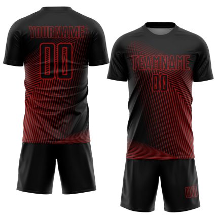 Custom Sublimation Soccer Jersey - Personalized Black and Red Lines Uniform Personalized Black Red Lines Sublimation Soccer