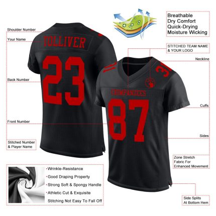 Custom Black Red Mesh Football Jersey with Personalized Name and Number - Authentic Team Apparel Personalized Black Red Mesh