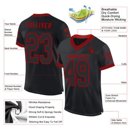 Personalized Black Red Mesh Throwback Football Jersey for Fans and Players Personalized Black Red Mesh Throwback Football