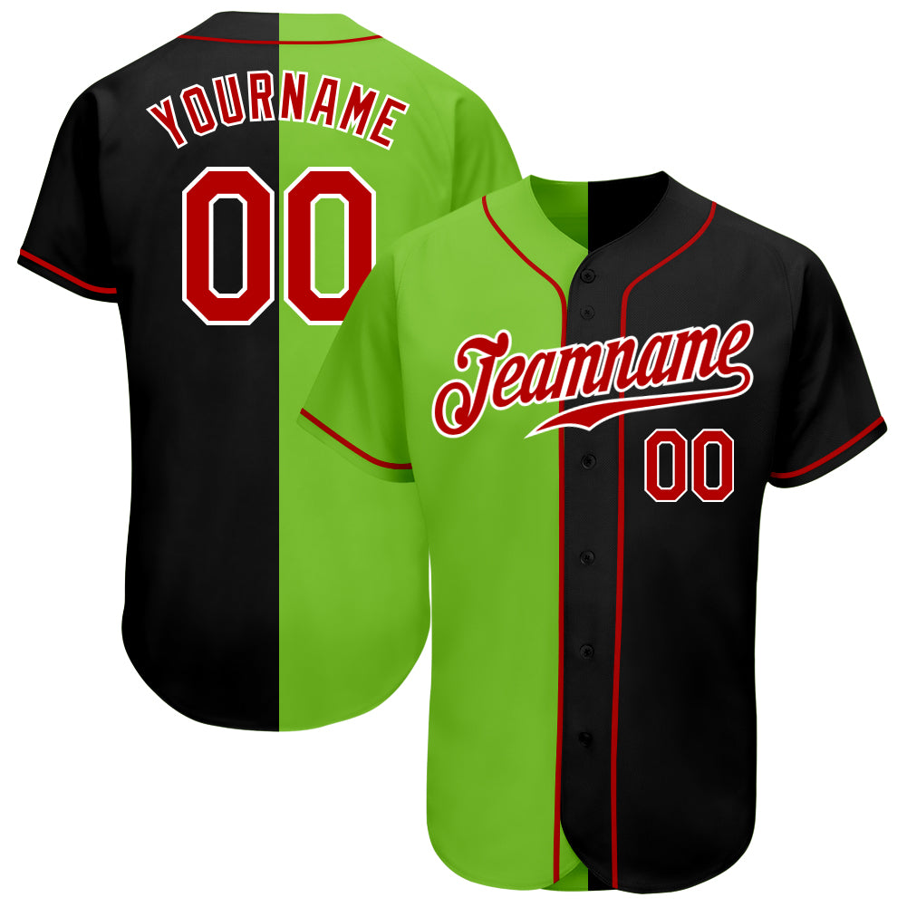 Custom Name and Number Personalized Black Red Green Split Baseball Jersey - Authentic Team Fashion Personalized Black Red-Neon