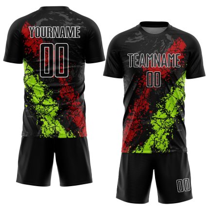 Personalized Dripping Splatter Art Soccer Jersey - Black Red Neon Green Sublimation Uniform Personalized Black Red-Neon Green