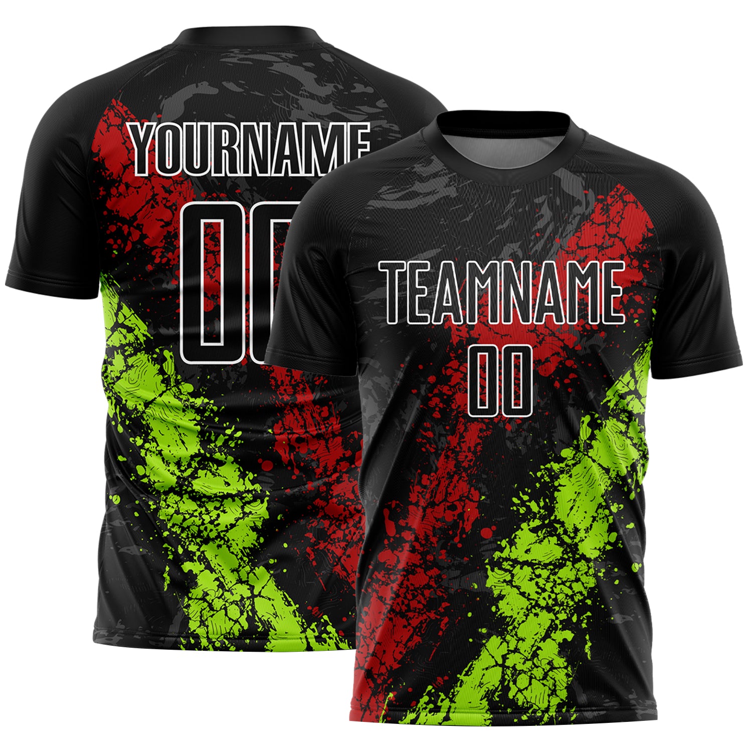 Custom Name Number Soccer Jersey - Personalized Black Red Neon Green Dripping Splatter Art Sublimation Team Uniform Personalized