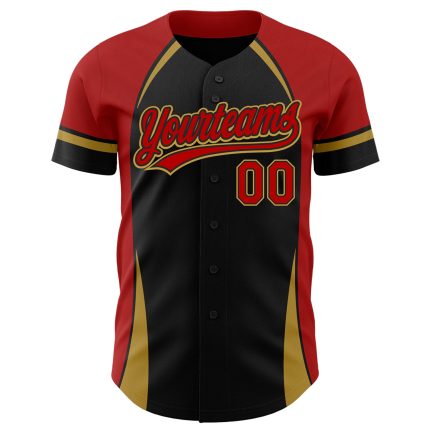 Personalized 3D Curve Solid Baseball Jersey in Black Red and Old Gold Personalized Black Red-Old Gold 3D Curve Solid Baseball