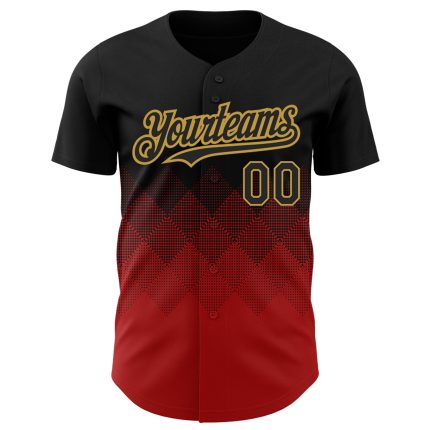Personalized 3D Gradient Black Red Old Gold Baseball Jersey with Square Shapes Personalized Black Red-Old Gold 3D Gradient
