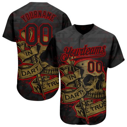 Personalized 3D Dart We Trust Baseball Jersey in Black Red-Old Gold Personalized Black Red-Old Gold 3D In Dart We Trust Baseball