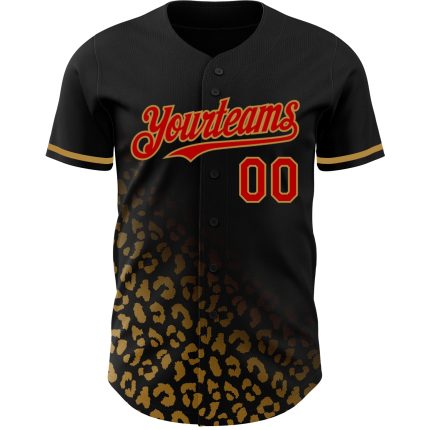 Personalized 3D Leopard Print Baseball Jersey in Black Red and Gold Fade Fashion Design Personalized Black Red-Old Gold 3D